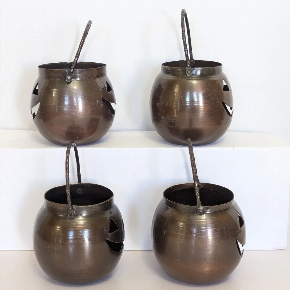 4 Vtg Halloween HOSLEY USA Metal Jack-O-Lantern Pumpkin Tealight Candle Holders